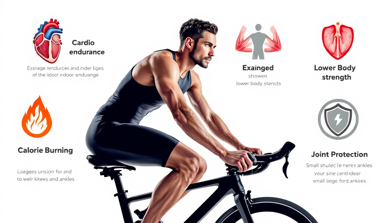 실내 자전거 운동의 심폐 기능 향상, 하체 근력 강화, 칼로리 소모, 관절 보호 효과를 시각화한 이미지