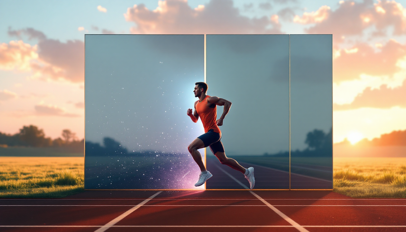 육상 트랙에서 상징적인 장벽을 허물며 기록 경신을 이루는 운동선수의 동기 부여 이미지