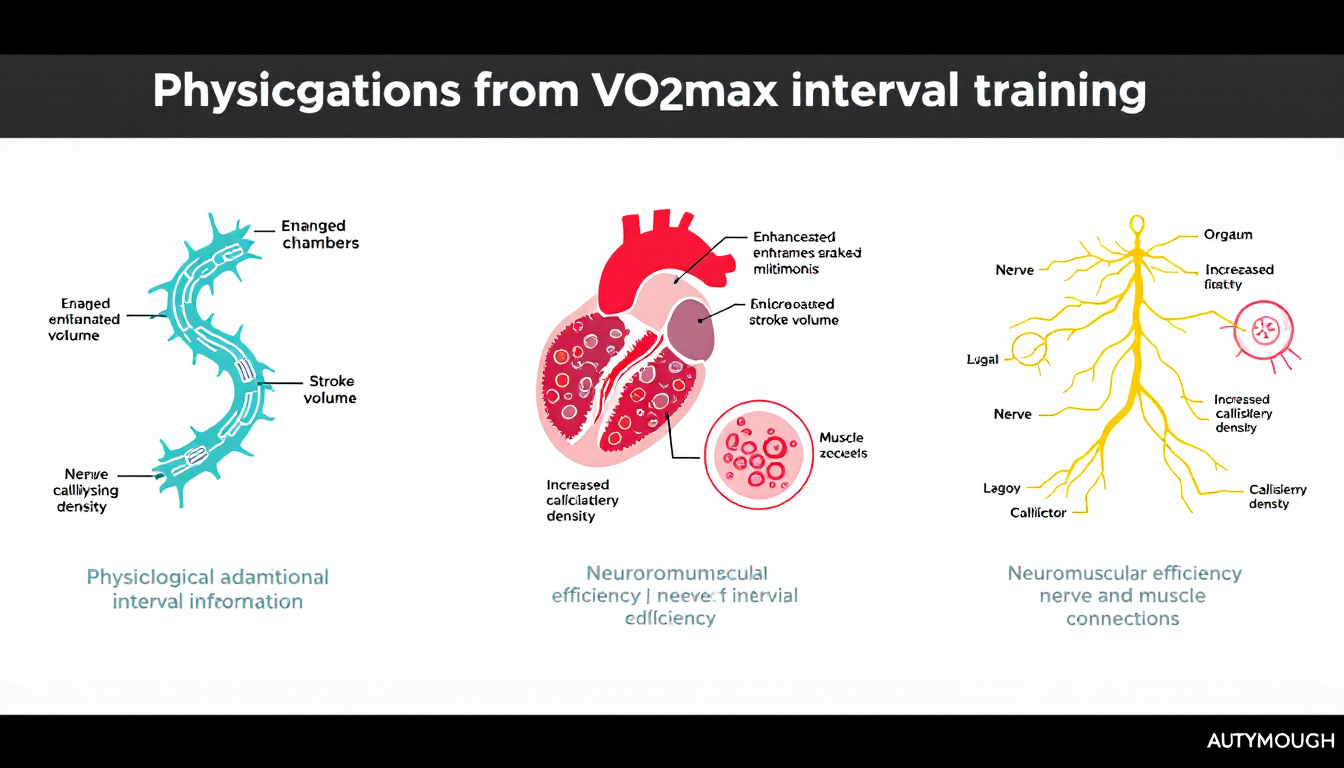VO2max 인터벌 훈련으로 인한 심장, 근육, 신경근 적응을 설명하는 인포그래픽