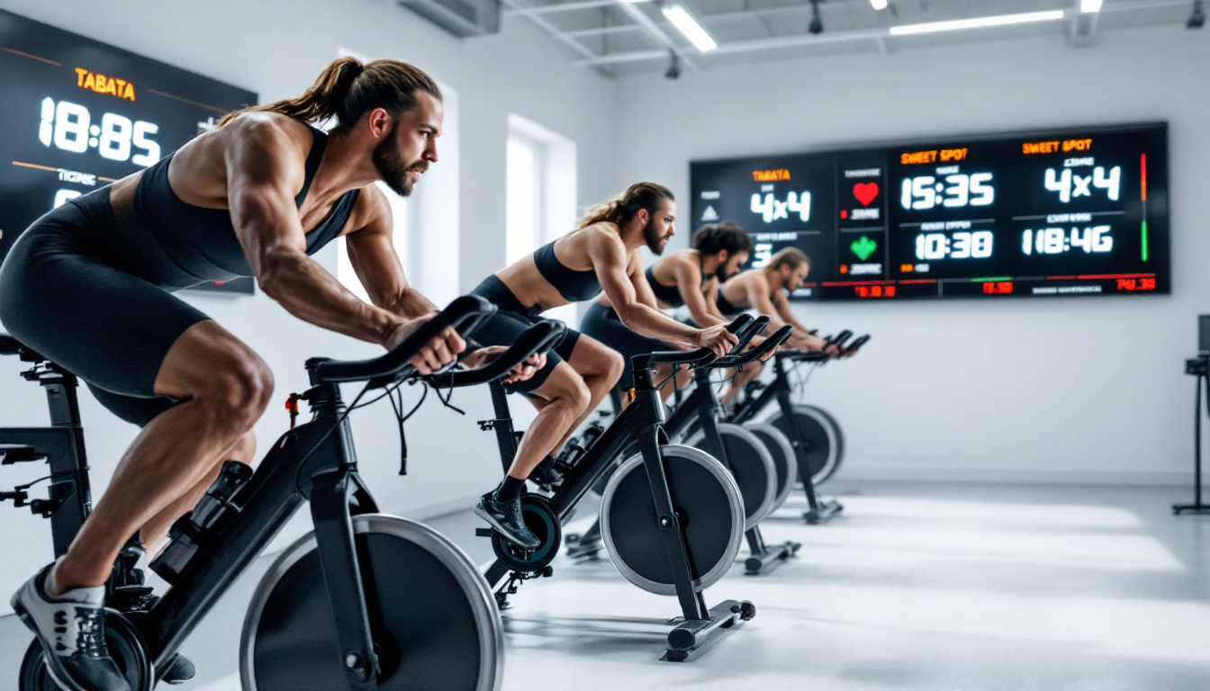 인터벌 트레이닝 중 고강도 구간과 회복 구간이 반복되는 실내 사이클 훈련 모습