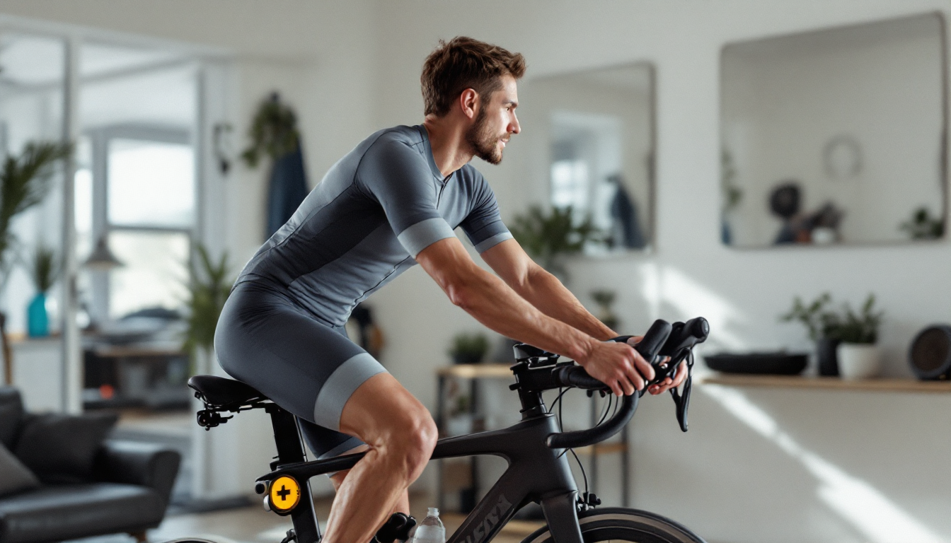 실내 사이클 훈련을 위한 준비물과 환경을 갖춘 모습