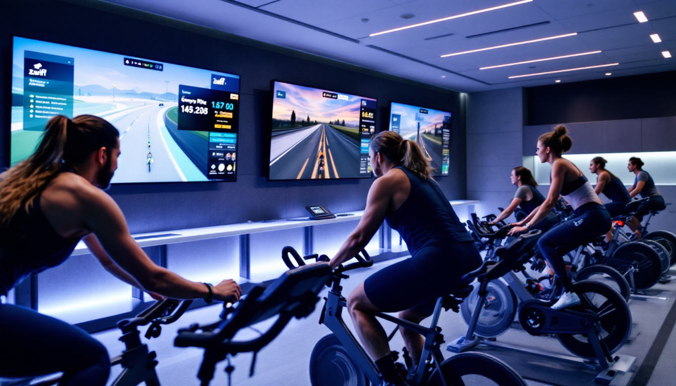 Zwift 가상 라이딩 플랫폼을 활용한 실내 사이클 훈련 장면