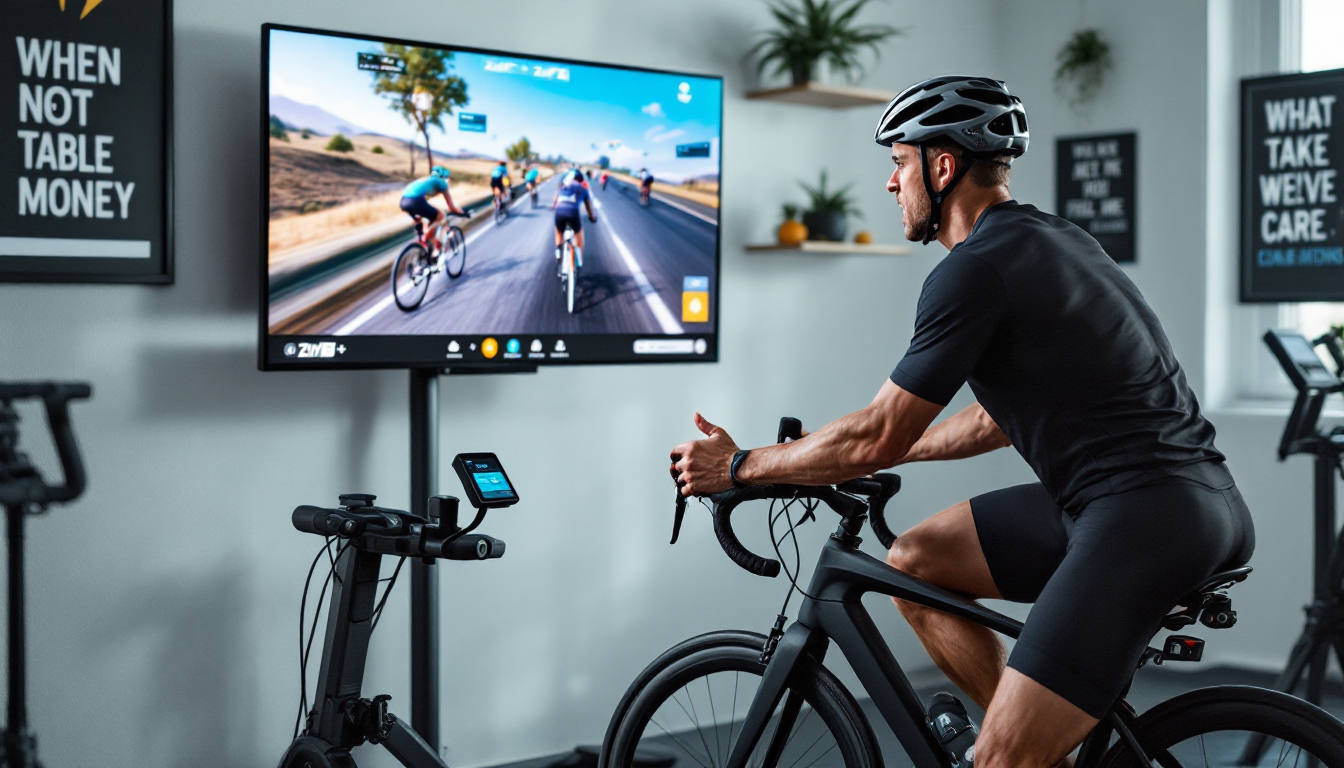 가상 Zwift 플랫폼을 활용한 스마트 실내 사이클 훈련 장면