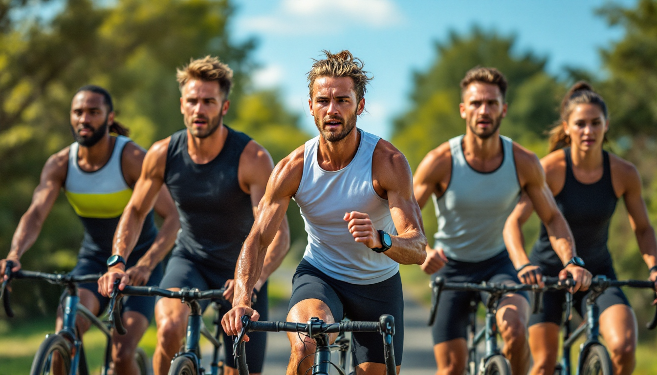 운동 선수들이 스마트워치를 착용하고 VO2max 인터벌 훈련을 하는 실사 장면