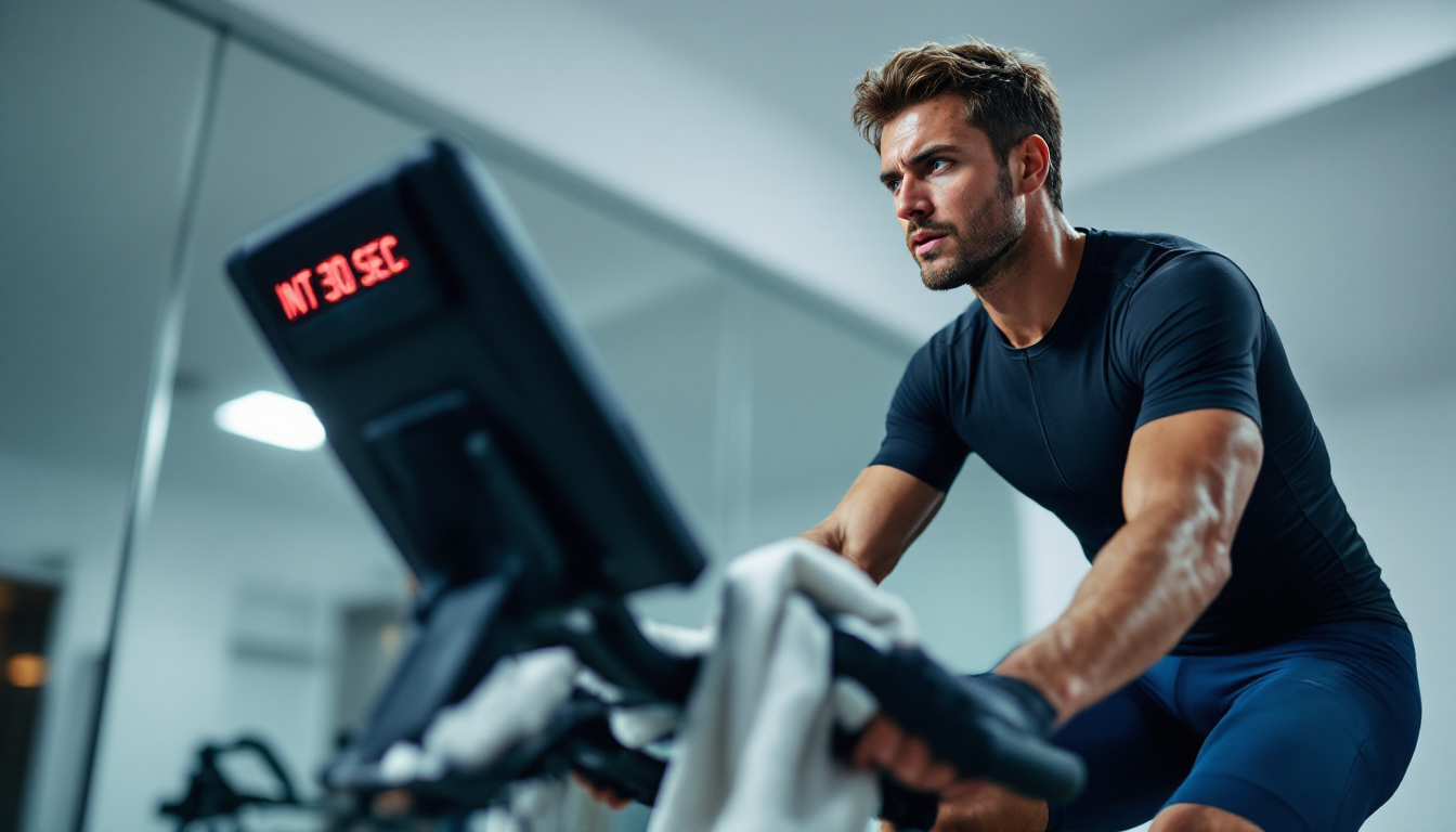 인터벌 트레이닝 중인 실내 사이클 선수의 모습