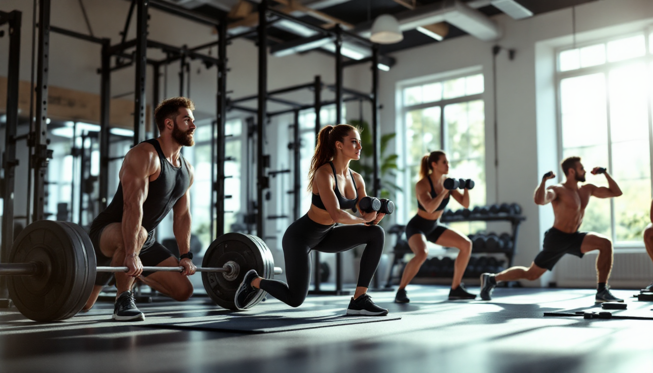 트라이애슬론 베이스 트레이닝을 위한 필수 근력 운동을 하는 다양한 선수들 모습